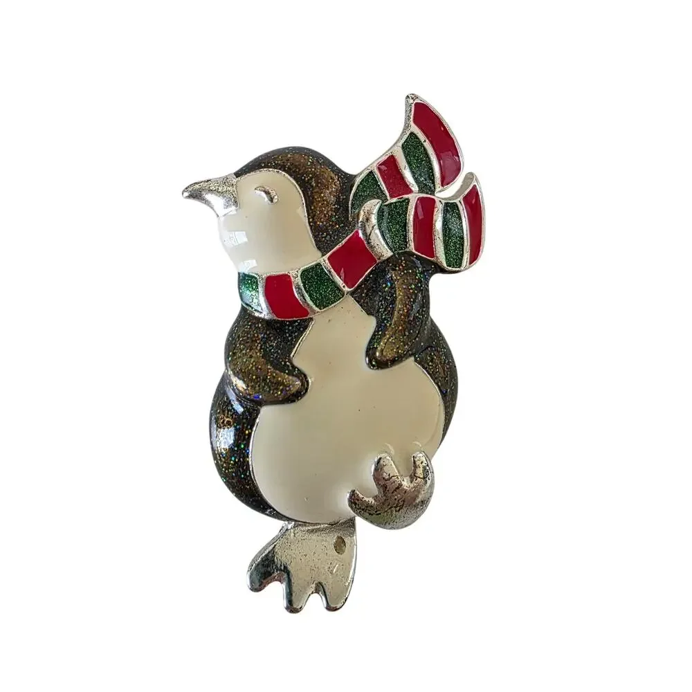 Vintage Enamel Penguin Brooch Winter Scarf Silver Tone Pin Holiday Jewelry